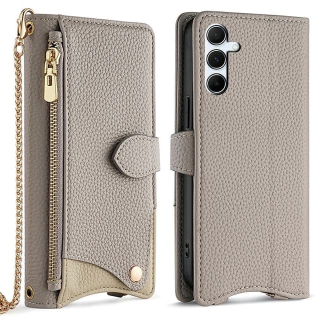 SKALO Samsung A26 5G Litchi Makeup Mirror Chain Flip Cover - Grå