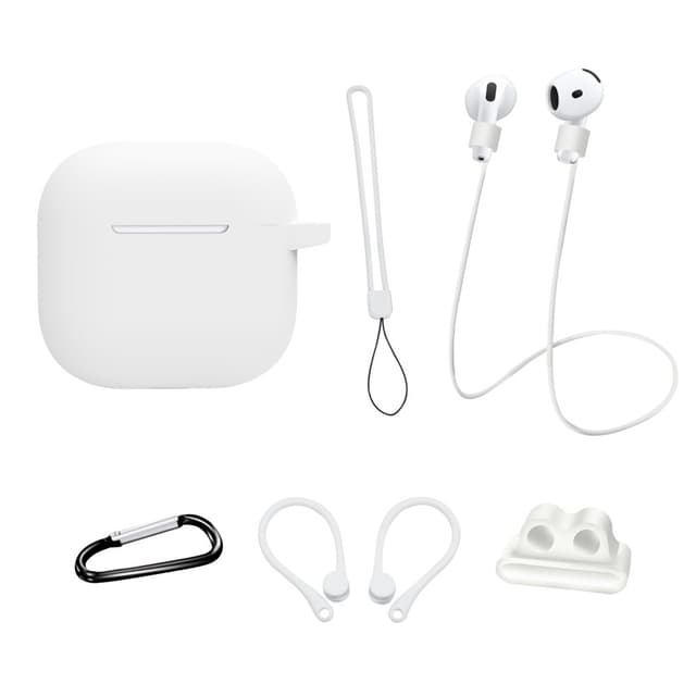 För AirPods 4  6 i 1 Tillbehör Fodral Rem Hållare Öronkrokar Nackrem Nyckelring - Vit