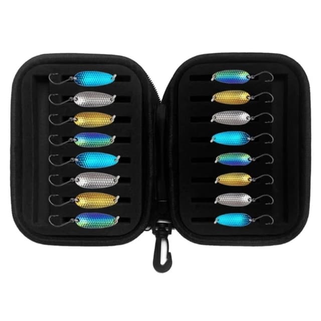16 stk 1,5 g 2,5 g 3,5 g 5 g ørretfiskeagn spinner drag med oppbevaringspose
