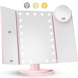 3-sidig sammenleggbar sminkespeil dimbar lys 22LED bordspeil speil - rosa