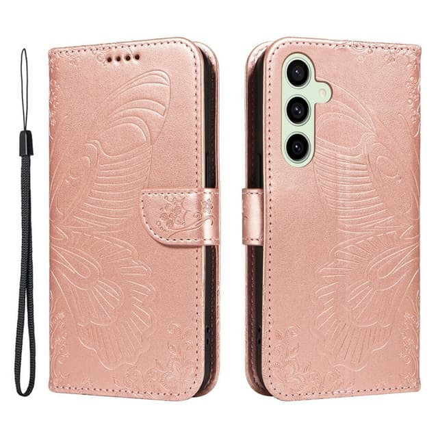 Til Samsung Galaxy S24 FE Dekselsett Lommebok-deksel Sommerfuglemønster - RoseGold