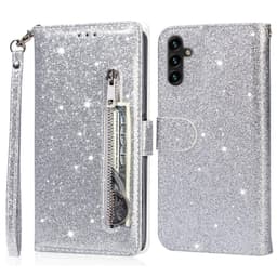 Samsung Galaxy A56 5G Taittuva Glitter-Suojakotelo Vetoketjutaskulla – Hopea