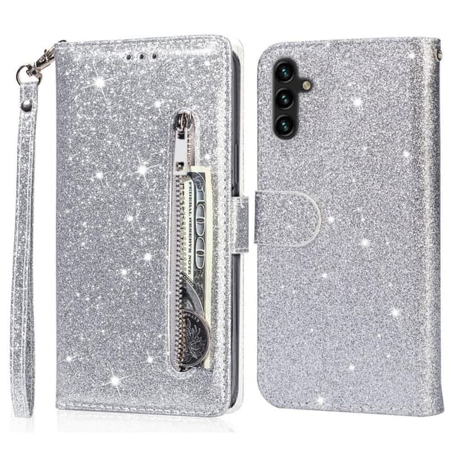 Til Samsung Galaxy A56 5G Stående Glittercover med Lynlåslomme - Sølv