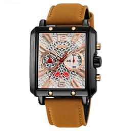 SKMEI Armbåndsur Til Mænd Læderrem Firkantet Quartz Ur - Brun+Hvid