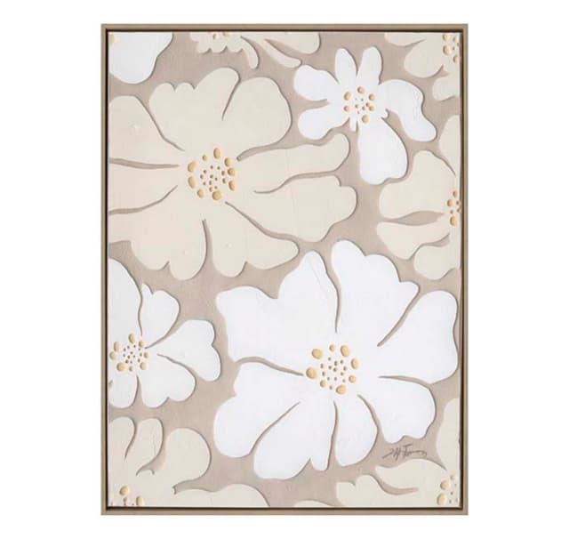 Maleri med ramme 60x80cm, beige blomster