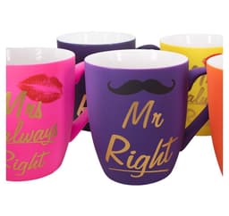 Krus NEON MR/MRS, 400ml, bland farver, keramik med silikonebelægning