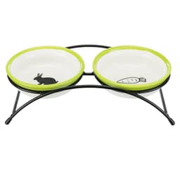 Skålsett, keramikk/metall, 2 x 0,3 l/ø 13 cm, hvit/grønn