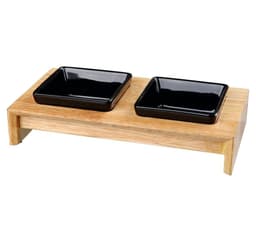 Kulhosetti, keraaminen/puu, 2 × 0,2 l/10 cm/28 × 5 × 15 cm, kulhot: musta, Trixie