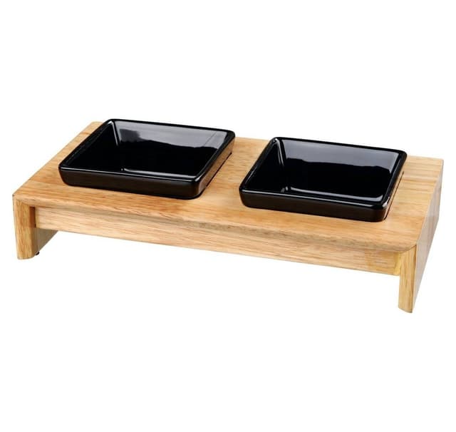 Skålsæt, keramik/træ, 2 × 0,2 l/10 cm/28 × 5 × 15 cm, skåle: sort, Trixie
