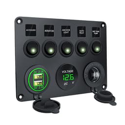 Strømbryterpanel - 5 brytere, voltmeter, 2 USB-strømuttak Svart + Grønn