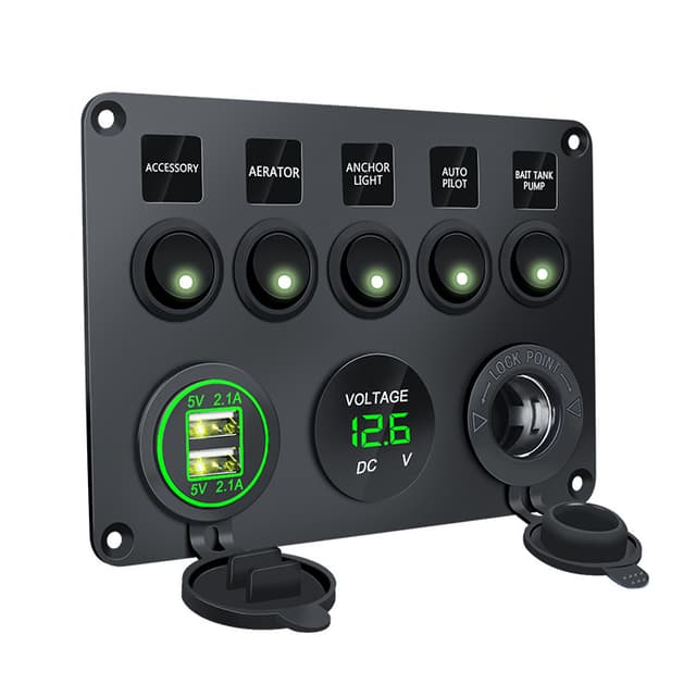 Strømbryterpanel - 5 brytere, voltmeter, 2 USB-strømuttak Svart + Grønn