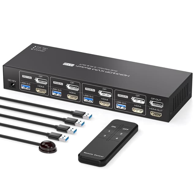 NÖRDIC KVM-switch 4 til 2 DP + HDMI 4K60Hz USB3.0