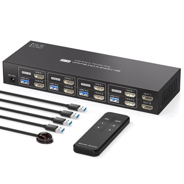 NÖRDIC KVM 4x2 HDMI Switch 4PC til Dobbelt Skjerm HDMI 8K60Hz med 1x3.5mm og 4xUSB-A