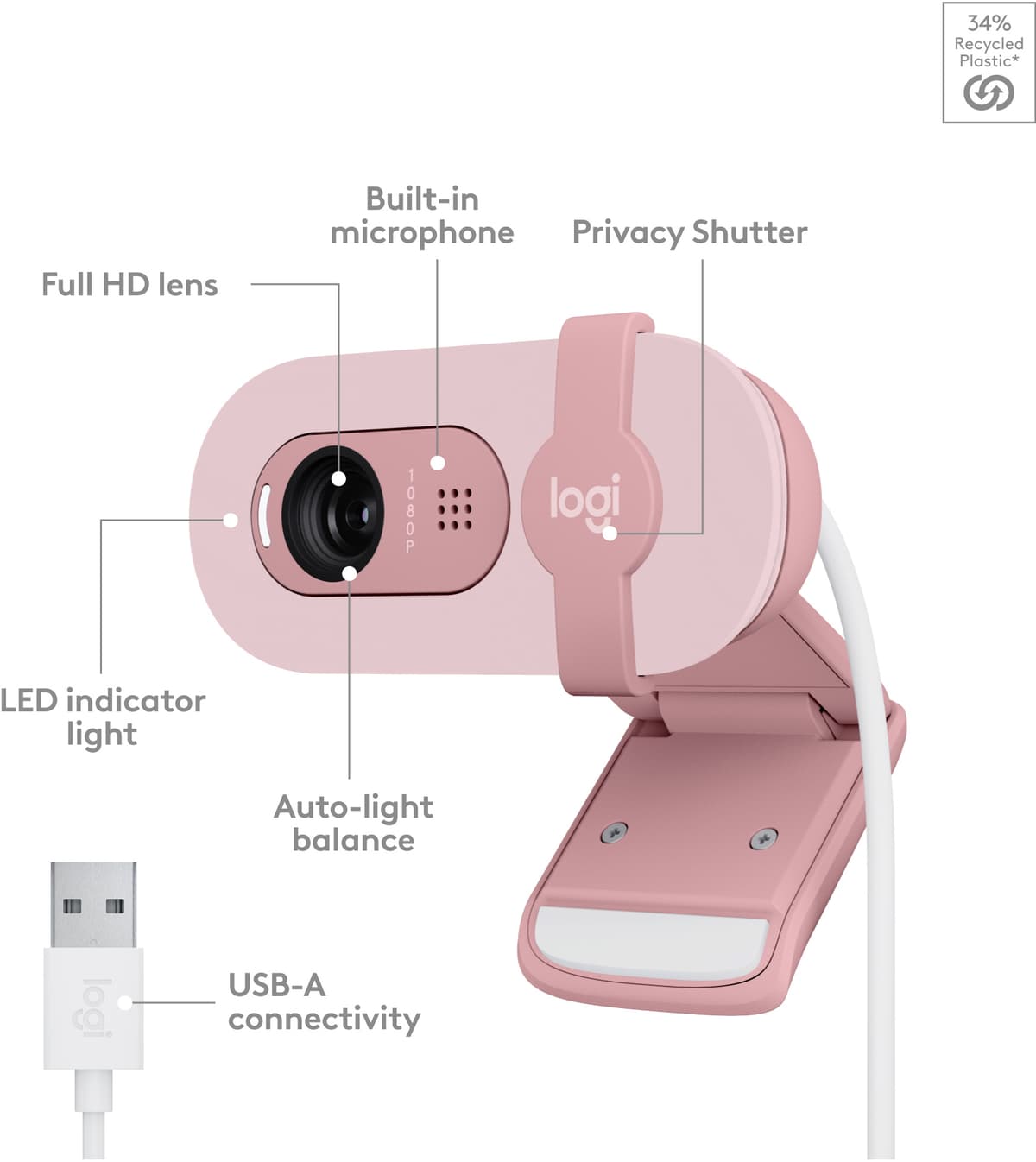 Logitech Brio 100 FullHD webkamera (Rose) - Elkjøp