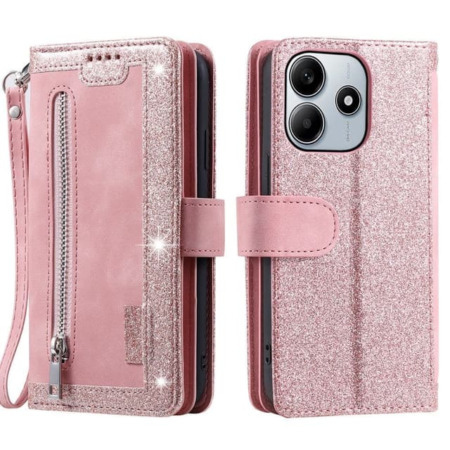 Til Xiaomi Redmi Note 14 4G Deksel med glidelås og 9 kortspor - RoseGold