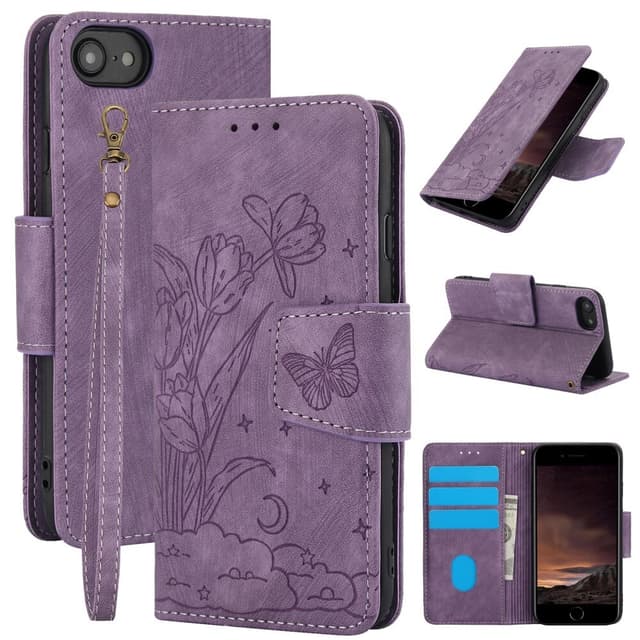 For iPhone 16e Etui Sommerfugl Blomst Ripebestandig Telefondeksel