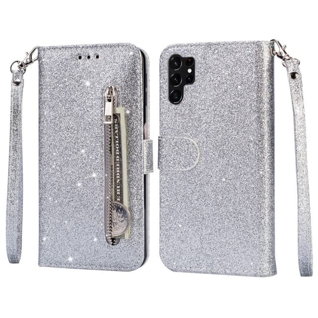 Til Samsung Galaxy S25 Ultra Stående Glittercover med Lynlåslomme - Sølv