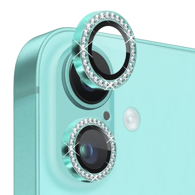 NORTHJO Kameralinsskydd med Strass för iPhone 16 / 16 Plus, Härdat Glas - Cyan