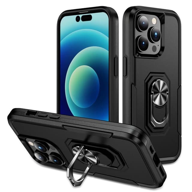 iPhone 14 Pro Hybrid skal med Finger Ring & Metall Plåt - Svart