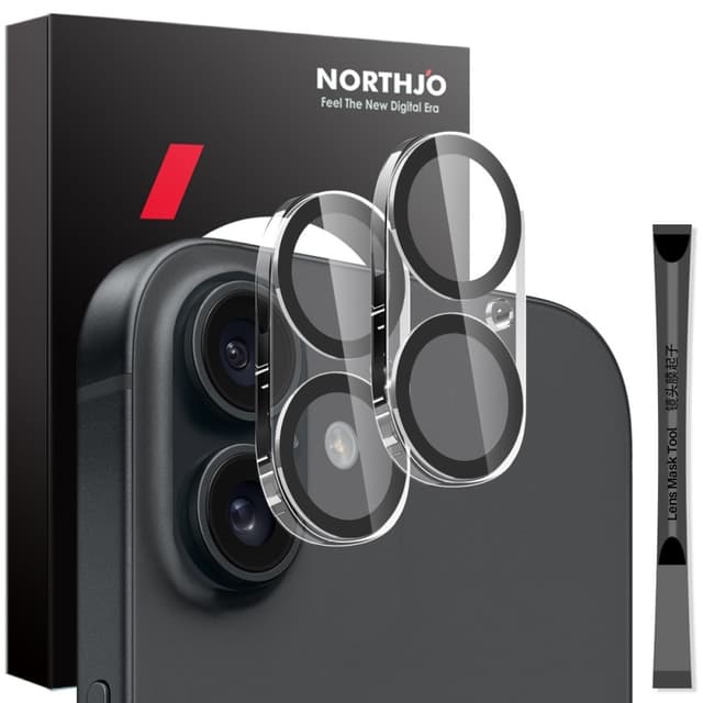 NORTHJO 2 kpl Kameran Linssinsuoja Mustilla Kehyksillä iPhone 16 / 16 Plus, HD Kirkas Karkaistu Lasi 3D Kattava Suoja