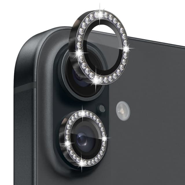 NORTHJO Kameralinsskydd med Strass för iPhone 16 / 16 Plus, Härdat Glas - Svart