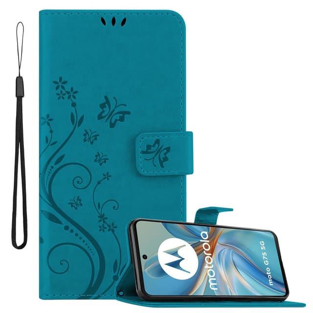 Motorola Moto G75 Plånboksfodral Skal Blommor (Blå)