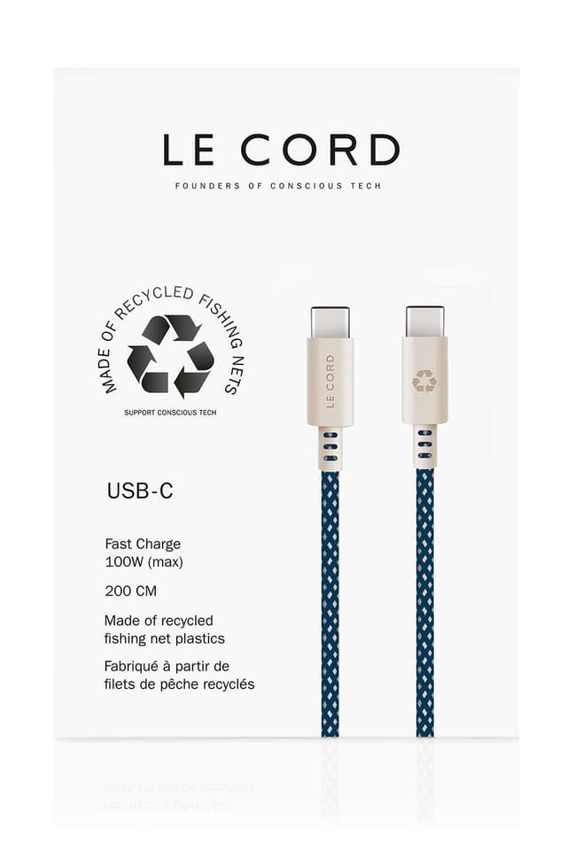USB Sea Blue · Type C · 100W · 2 meter · Fremstillet af genbrugte fiskegarn