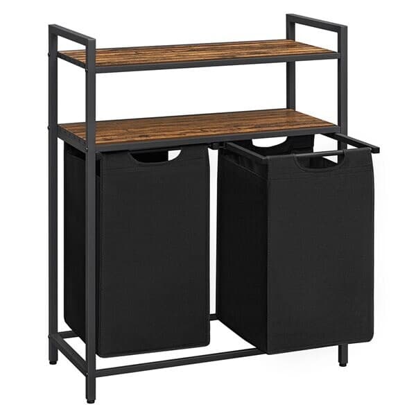 Tvättkorg med 2 fack och 2 hyllor - Brun/Svart