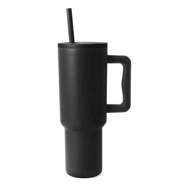 Vattenflaska med sugrör & handtag - Svart