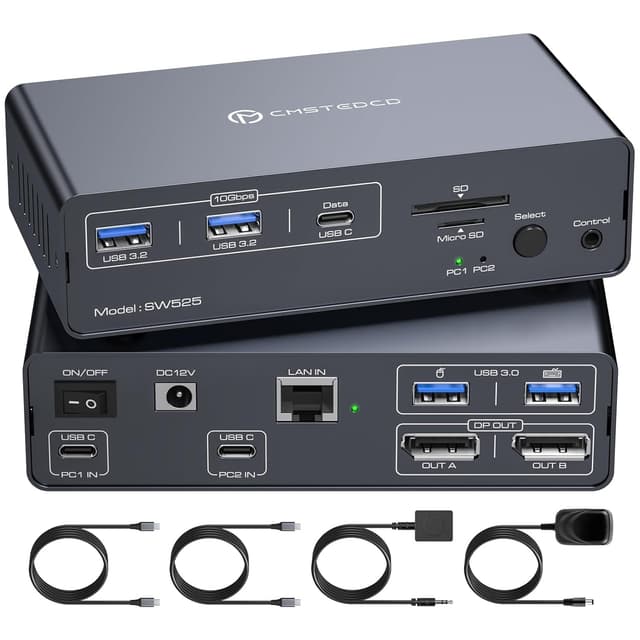 NÖRDIC USB-C Telakointiasema KVM-kytkimellä 2 tietokonetta 2 näyttöä 4K120Hz DP Gigabit Ethernet, kortinlukija, 4xUSB-A ja USB-C