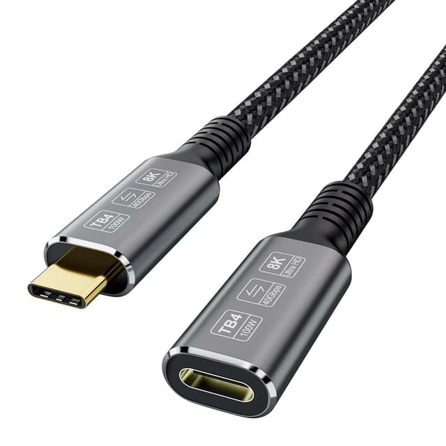 NÖRDIC 2m Thunderbolt 4 jatkokaapeli, USB-C uros-naaras, 100W pikalataus, 40Gbps, 8K 60Hz