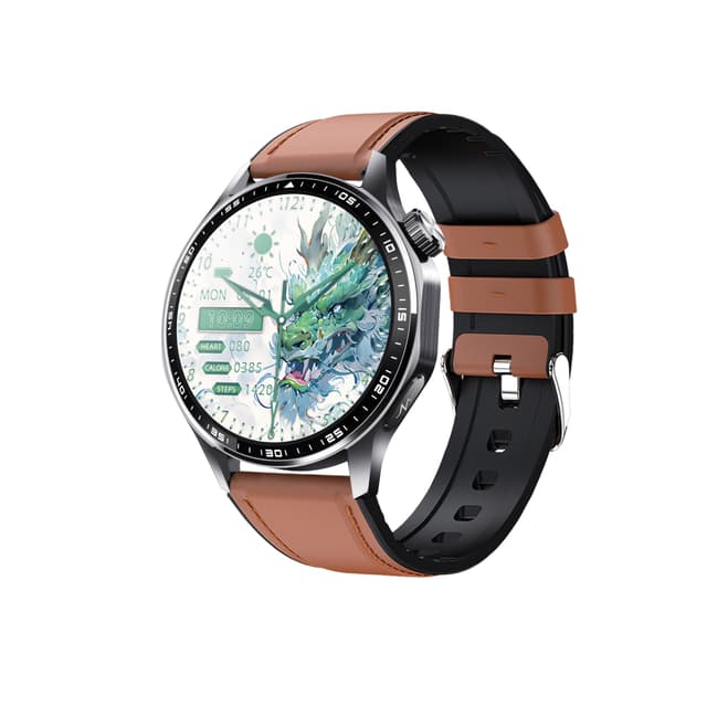 Smartwatch med EKG, pulsmåler, blodtryksmåler og skridttæller Sort og brun læderrem