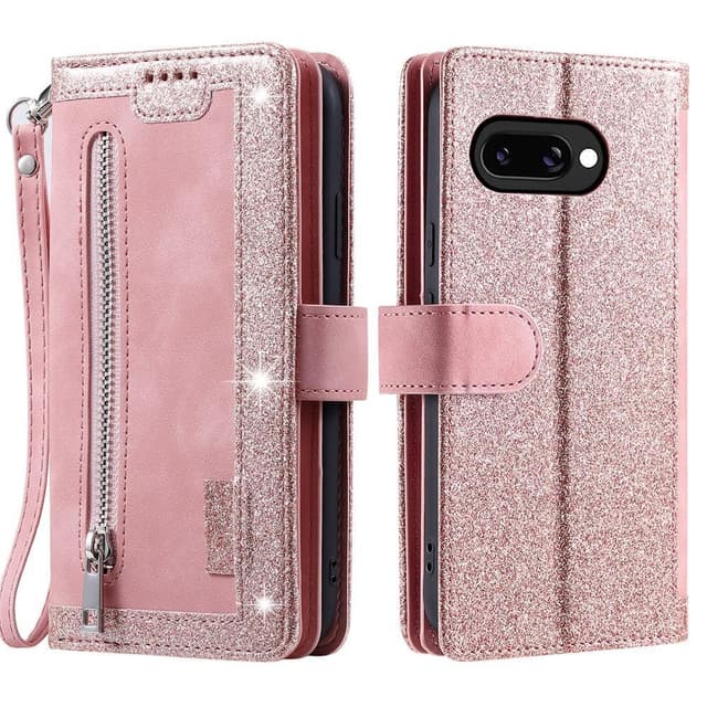 Til Google Pixel 9A Etui med Lynlåslomme og 9 Kortlommer – RoseGold