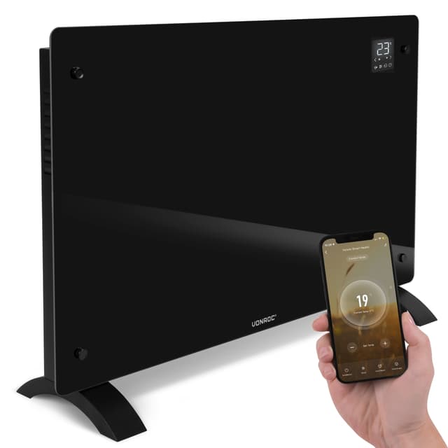 VONROC Lyxiga konvektorelement med glaspanel –  2000W – Svart | Wifi