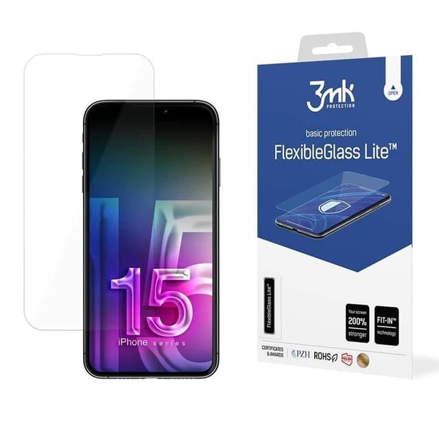3MK iPhone 15 Hybrid Okrossbart Glas FlexibleGlass Lite