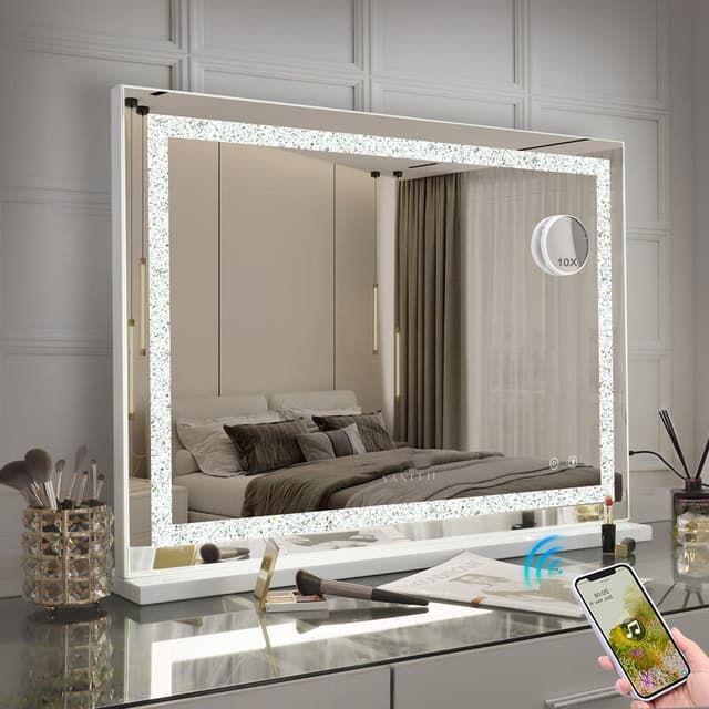 VANITII Hollywood-sminkspegel med belysning Bluetooth Bordsplatta Väggmontering Metall Vit 80x58 cm