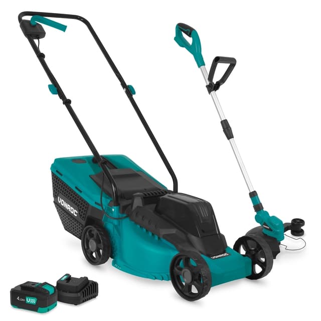 VONROC Plæneklipper 20V – Kulfri - 32 cm og Græstrimmer | Inkl. 4.0Ah Akku og oplader | Komplet sæt