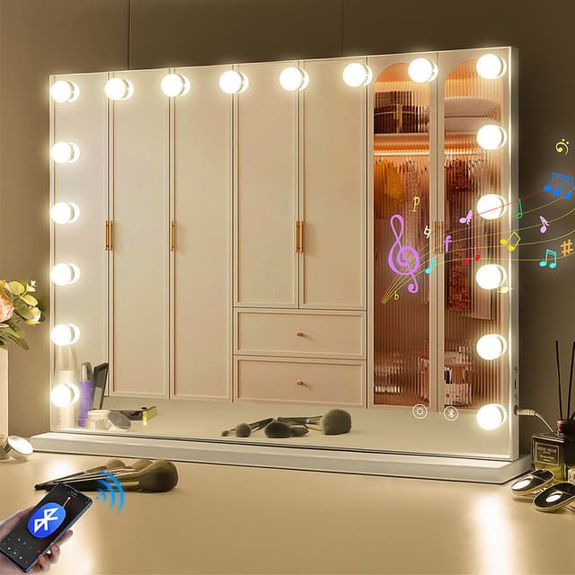 VANITII Hollywood-sminkspegel med belysning Bluetooth Bordsplatta Väggmontering Metall Vit 80x58 cm