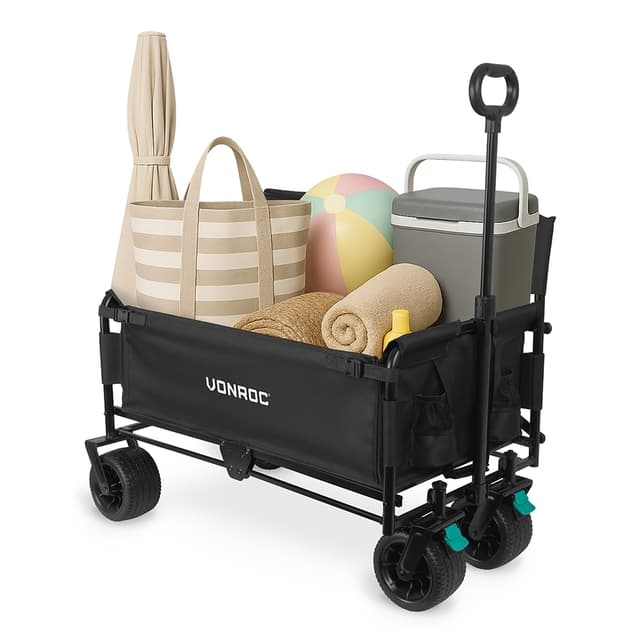 VONROC Hopfällbar skrinda med sits – 2-i-1 vagn och bänk – 120 kg – 115 L – Svart