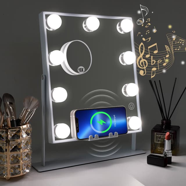 VANITII Sminkspegel med Belysning, Bluetooth & Trådlös Laddning Bordsspegel Metall Vit 25x30 cm