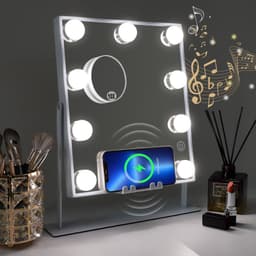 VANITII Sminkspegel med Belysning, Bluetooth & Trådlös Laddning Bordsspegel Metall Vit  25x30 cm