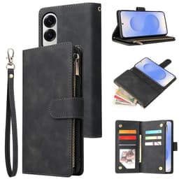 SKALO Samsung S25 Edge Zipper PU-Nahka Lompakkokotelo - Musta
