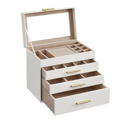 Smyckesskrin med glaslock och 3 lådor - Vit/Guld