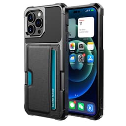 Svart Kortholder Støtsikkert Telefondeksel kompatibelt med iPhone 14 Pro - TPU+PU+Metall iPhone 14 Pro