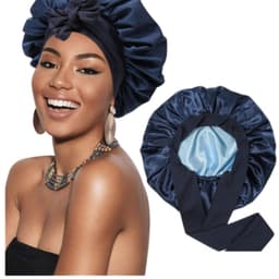 Sovehætte med dobbeltlags satinbånd Marine blå