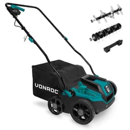 VONROC Plænelufter – 2-i-1 - Vertikalskærer -  Mosfjerner - 1300W | 32cm | Inkl. 35L Opsamler, Vægophæng og 2 Ruller