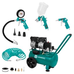 VONROC PRO Tyst Luftkompressor 24L – Startset med Däckpump, Färgspruta, Blåspistol & Spiralslang