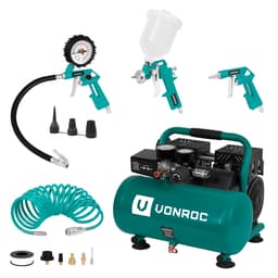 VONROC PRO Luftværktøj Startpakke – 6L | Støjsvag  Kompressor + Dækpumpe, Blæsepistol, Sprøjtepistol & 5m Spiralslange – Alt-i-én Sæt