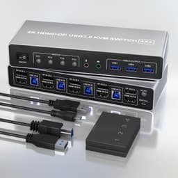 NÖRDIC KVM 4x2 -kytkin 4 tietokoneesta kahteen näyttöön, HDMI ja DP, 4K60Hz, 2x3,5 mm ja 3xUSB-A