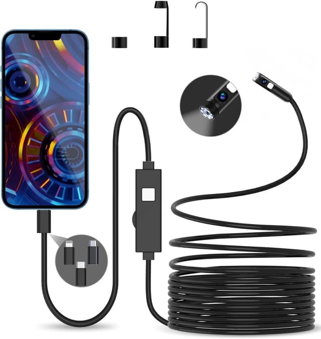 NÖRDIC Endoskopkamera med dubbla lenser för mobiltelefon med ljus, 1080P HD, 8 LED-lampor, vattentät IP67, inget WiFi krävs, Android och iOS